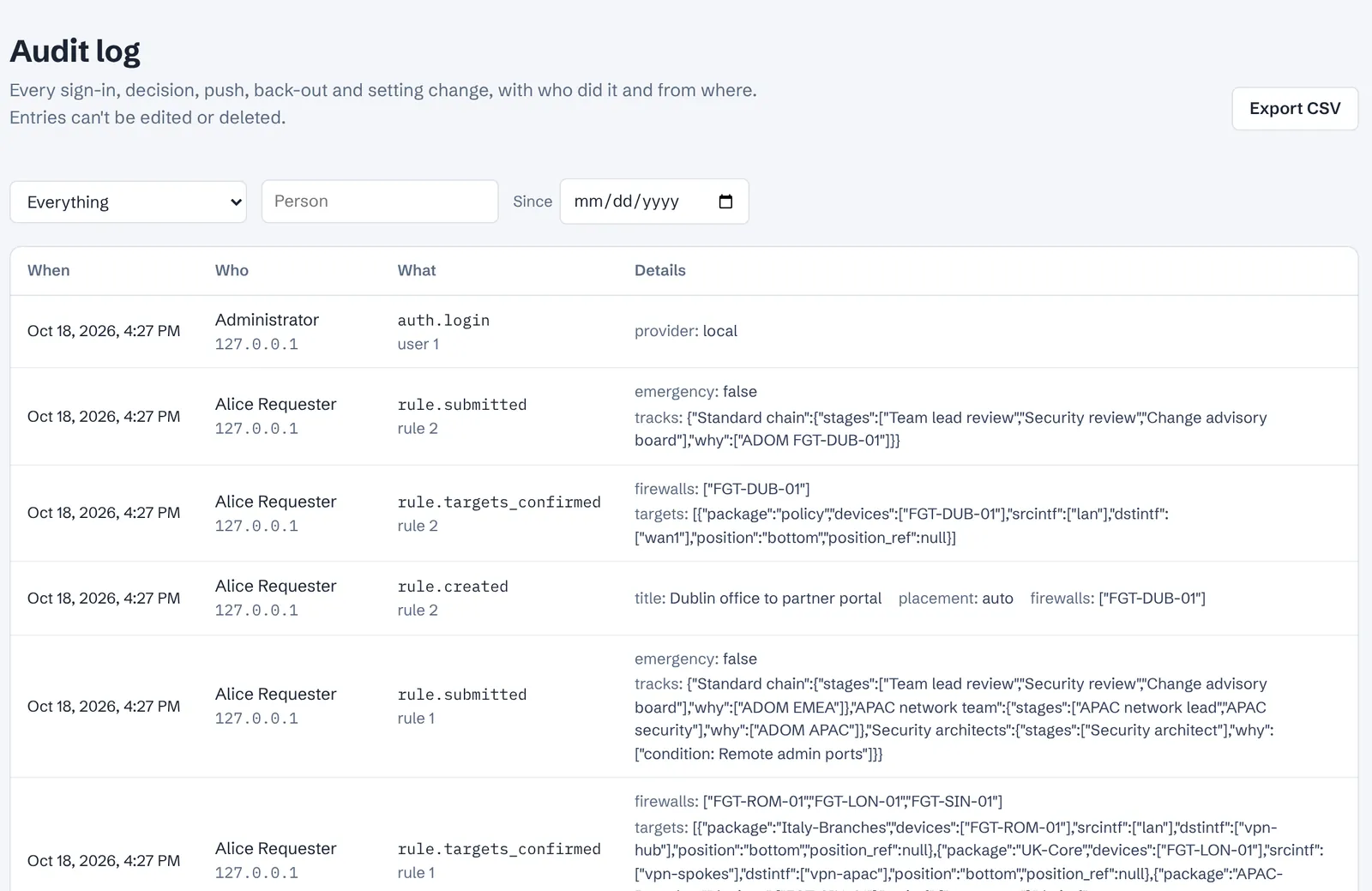 Audit log with entries for sign-in, rule creation, confirmed firewalls and submission, showing who, source IP and the details recorded, such as the approval tracks and why each applies.