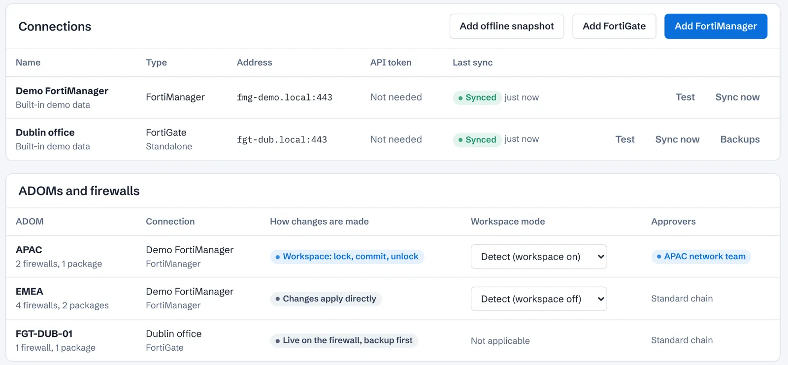 Settings, Connections: a FortiManager and a standalone FortiGate, both synced, and a table of ADOMs showing how changes are made, workspace mode and the approval chain for each.